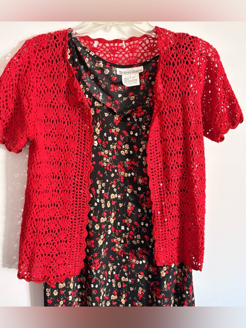Dress Barn Dress with Red Crochet Short Sleeve Open Cardigan. Size 8 - Picture 3 of 3
